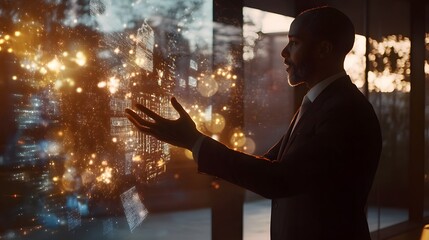 Poster - A corporate leader presenting a 3D holographic growth projection model, with 2D visual annotations of revenue streams. 4k resolution, Cinematic Scene