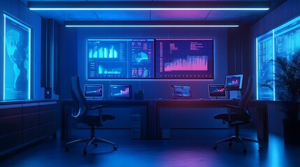 Poster - A minimalist office setup with 3D glowing financial KPIs and 2D animations of team contributions. 4k resolution, Cinematic Scene