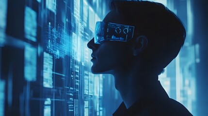 Poster - A professional using augmented reality glasses to analyze 3D glowing KPIs, with 2D floating next steps for implementation. 4k resolution, Cinematic Scene