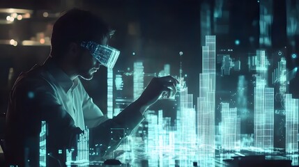 Aufkleber - A professional using augmented reality glasses to analyze 3D glowing KPIs, with 2D floating next steps for implementation. 4k resolution, Cinematic Scene