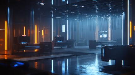 Poster - Futuristic Office Hallway Neon Lighting Design