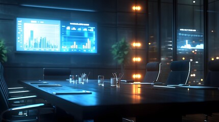 Poster - A tech-driven boardroom where 3D glowing strategic insights are analyzed alongside 2D task management visuals. 4k resolution, Cinematic Scene