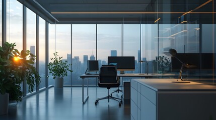 Poster - A corporate workspace showcasing 3D glowing solution models and 2D glowing feedback animations. 4k resolution, Cinematic Scene