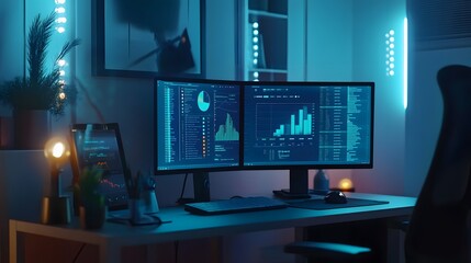 Poster - A minimalist workspace where 3D glowing diagrams of competitive analysis are displayed alongside 2D action points. 4k resolution, Cinematic Scene