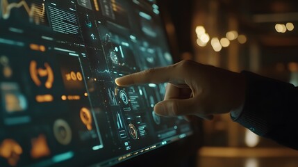 Poster - A corporate strategist pointing at a 3D holographic timeline of goals with 2D indicators of progress milestones. 4k resolution, Cinematic Scene
