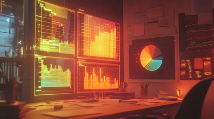 Poster - A brainstorming session with 3D glowing pie charts of market shares and 2D annotations of growth strategies. 4k resolution, Cinematic Scene