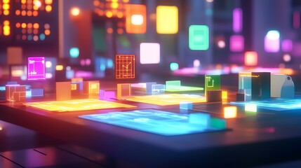 Poster - A tech-driven workspace featuring 3D glowing prototypes of strategy maps and 2D glowing task priorities. 4k resolution, Cinematic Scene