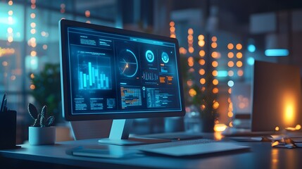 Poster - A modern workspace with a 3D glowing holographic interface displaying collaborative tools, surrounded by 2D glowing task updates. 4k resolution, Cinematic Scene