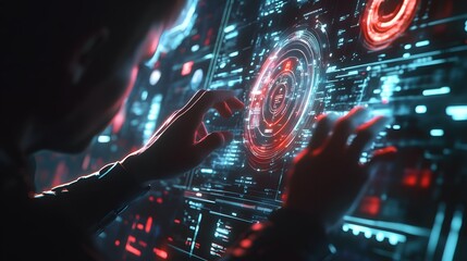 Poster - A remote worker using a 3D glowing holographic interface to visualize project milestones and 2D task timelines. 4k resolution, Cinematic Scene