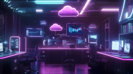 Poster - A tech-integrated workspace featuring 3D glowing cloud-based tools and 2D floating task reminders. 4k resolution, Cinematic Scene