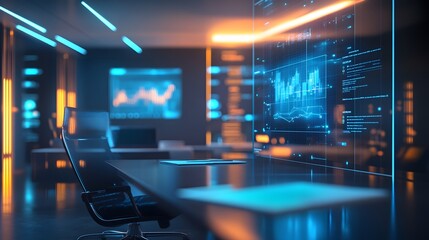 Poster - A workspace with a 3D glowing holographic project timeline and 2D floating priorities guiding the discussion. 4k resolution, Cinematic Scene