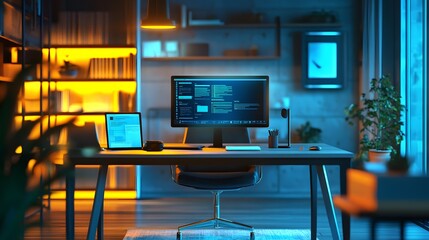 Poster - A modern home office with 3D glowing collaboration tools projecting on a desk and 2D floating feedback elements. 4k resolution, Cinematic Scene