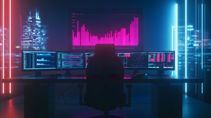 Poster - A minimalist workspace showcasing 3D glowing financial metrics of digital transformation and 2D predictive analysis. 4k resolution, Cinematic Scene