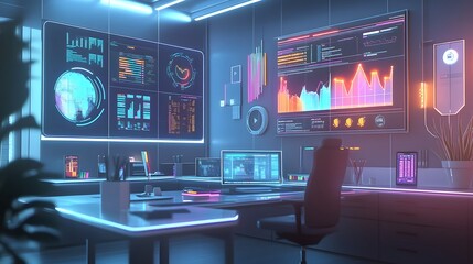 Poster - A high-tech office featuring 3D glowing sales analytics and 2D animations showing trends in customer engagement. 4k resolution, Cinematic Scene