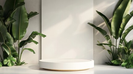 Poster - A white pedestal with a green plant in front of it