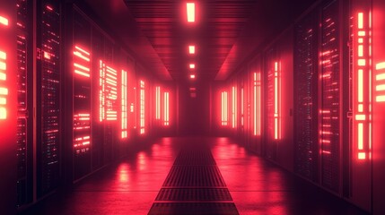 Poster - Red Lit Server Room Corridor Data Center