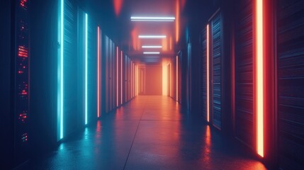 Poster - Neon Lit Server Room Corridor With Futuristic Technology