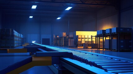 Poster - Nighttime Warehouse Conveyor Belt System Processing Packages