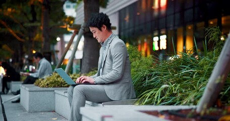 Aufkleber - Working, city and bench with laptop and business man with freelance lawyer and tech. Email, urban and japanese professional with typing, online and digital project for financial law research and case