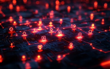 Poster - Abstract 3D rendering of social network connections with glowing user icons on a dark digital background, illuminated data stats and techinspired network design