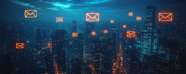 Poster - Digital email network concept over cityscape at night, glowing email icons floating above modern skyscrapers, illuminated city lights, futuristic technology