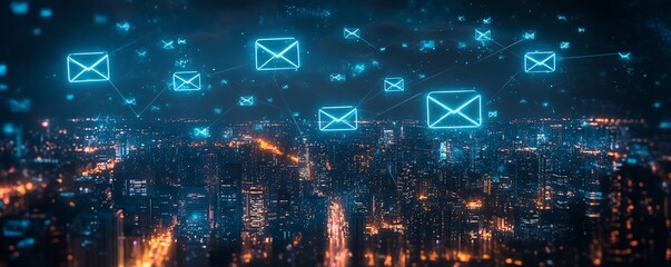 Poster - Digital email network concept over cityscape at night, glowing email icons floating above modern skyscrapers, illuminated city lights, futuristic technology