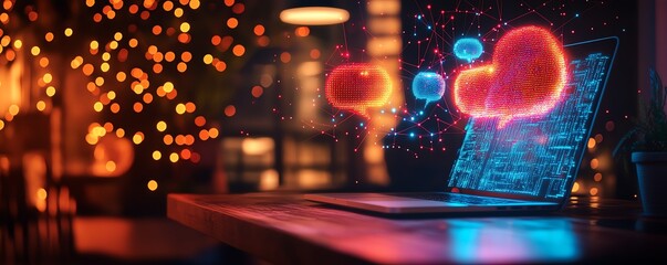Poster - Digital speech bubbles and illuminated network connections over a laptop on a wooden desk, glowing data lines, techinspired workspace
