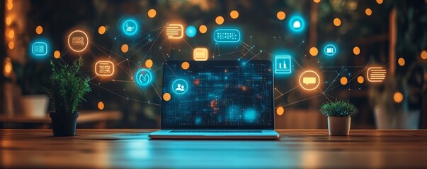 Poster - Digital speech bubbles and illuminated network connections over a laptop on a wooden desk, glowing data lines, techinspired workspace