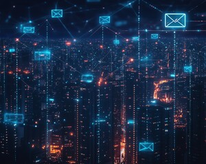 Poster - Email network visualization over city skyline at night, glowing digital email icons and connections, dark cityscape, modern technology concept