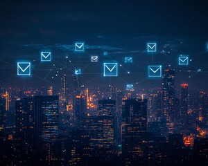 Poster - Email network visualization over city skyline at night, glowing digital email icons and connections, dark cityscape, modern technology concept