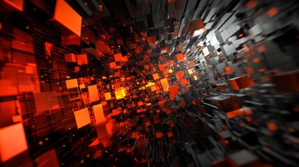 Poster - A black and red image of a room with many red cubes