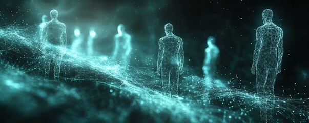 Poster - Hightech 3D social network with glowing user icons, interconnected with digital data and stats, dark background, futuristic technology visualization