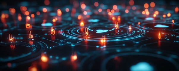 Poster - Hightech 3D social network with glowing user icons, interconnected with digital data and stats, dark background, futuristic technology visualization