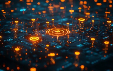 Poster - Social media network concept with glowing user icons and illuminated data statistics against a dark, technological background, 3D rendering of digital connection