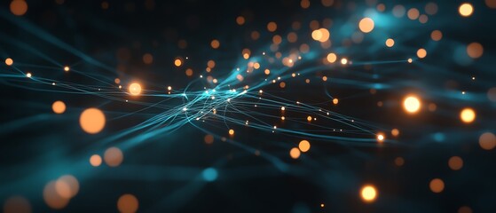 Poster - Social network connection concept with glowing user icons on a dark, futuristic technological background, illuminated digital data lines, 3D rendering, hightech network visual
