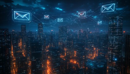 Poster - 3D digital email network over a cityscape at night, glowing email symbols and digital connections between skyscrapers, futuristic urban setting