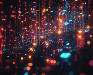Poster - 3D digital network connection with illuminated user icons floating against a dark, techinspired backdrop, vibrant stats data visualizations, modern technological concept