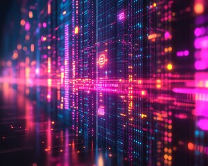 Poster - 3D digital network connection with illuminated user icons floating against a dark, techinspired backdrop, vibrant stats data visualizations, modern technological concept