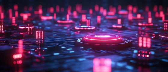 Poster - 3D rendering of a futuristic social network system with glowing digital user icons, illuminated data stats, and dark, hightech network design