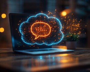 Poster - 3D rendering of speech bubbles and digital network connections over a laptop on a wooden desk, glowing tech visuals, modern communication theme