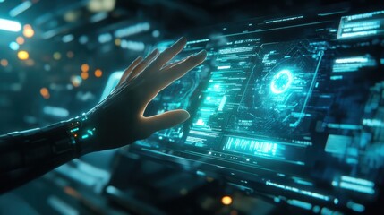 Aufkleber - Hand touch digital hud interface futuristic technology background of virtual computer screen display ui future concept or cyber communication hologram and innovation internet system on vr cyberspace.