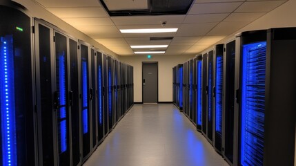 Poster - Illuminated Server Racks Line a Modern Data Center Corridor