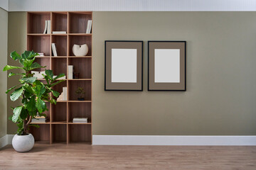 Wall Mural - Room interior concept, bookshelf, frame, lamp, vase of plant, chair, carpet detail. Modern wall.