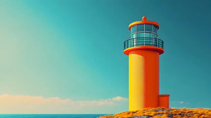 Canvas Print - An orange lighthouse, minimalist style, bright blue sky. Generative AI.