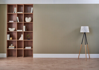 Wall Mural - Room interior concept, bookshelf, frame, lamp, vase of plant, chair, carpet detail. Modern wall.