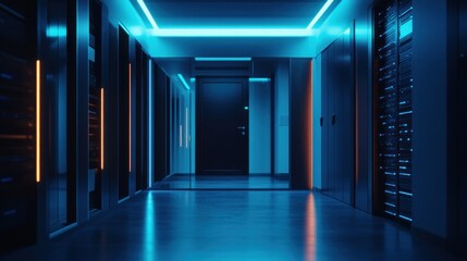 Aufkleber - Neon Lit Server Room Corridor With Modern Design