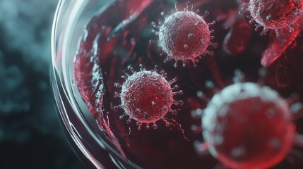 Poster - A close up of three red viruses in a petri dish