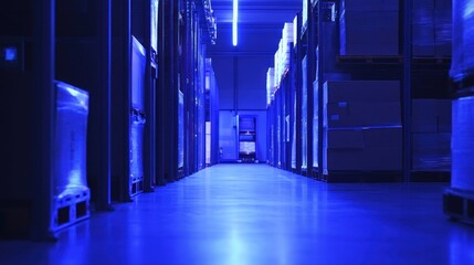 Poster - Blue Lit Warehouse Aisles With Pallets Of Goods