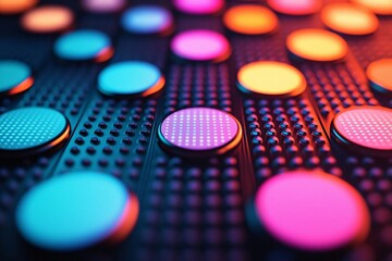 Poster - A vibrant display of colorful buttons creating a dynamic visual effect, perfect for tech and creativity themes.