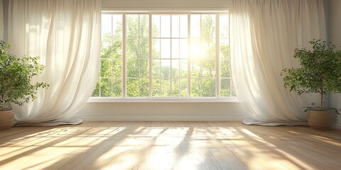 Poster - Sunlit room with large window, sheer curtains, hardwood floors, and potted plants.